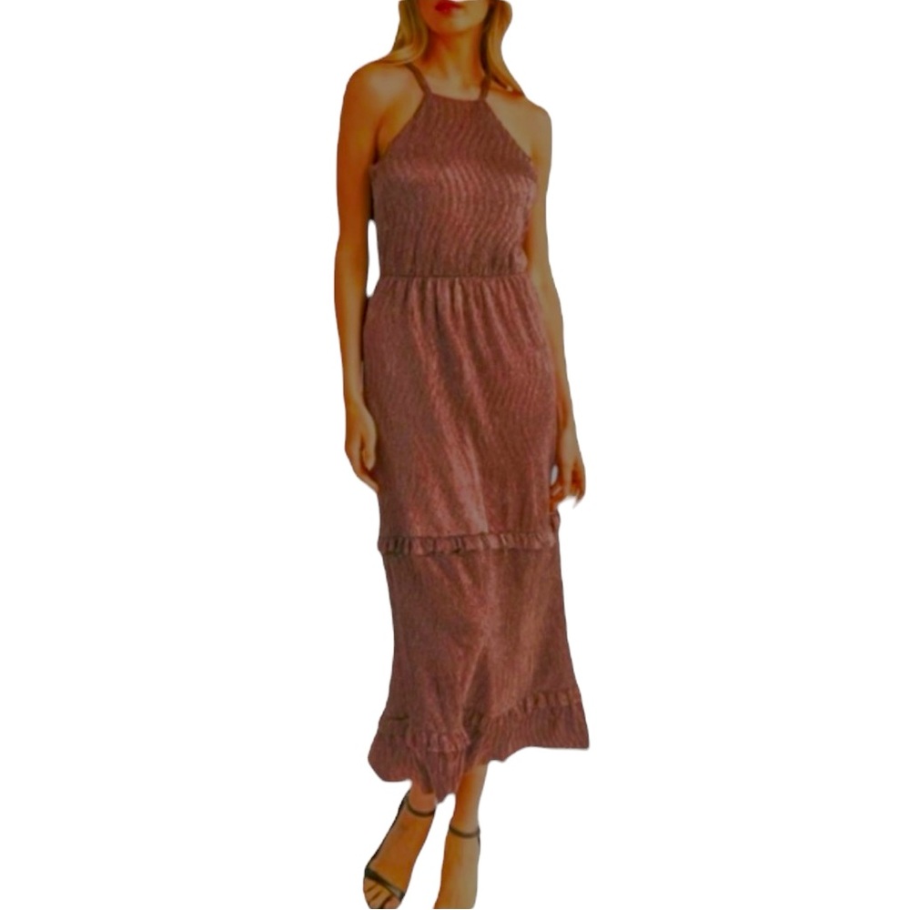 NEW Mila Mae Dress Metallic Sleeveless Tiered Midi Sz Small Bronze Mauve Shimmer